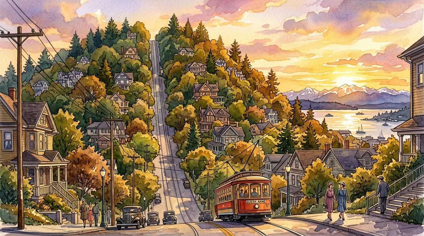 Queen Anne Hill with the counterbalance streetcar at sunset